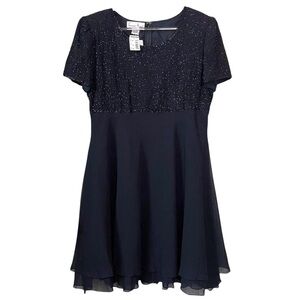 New Vtg Laurence Kazar Beaded Modest Cocktail Mini Dress Black Size XL